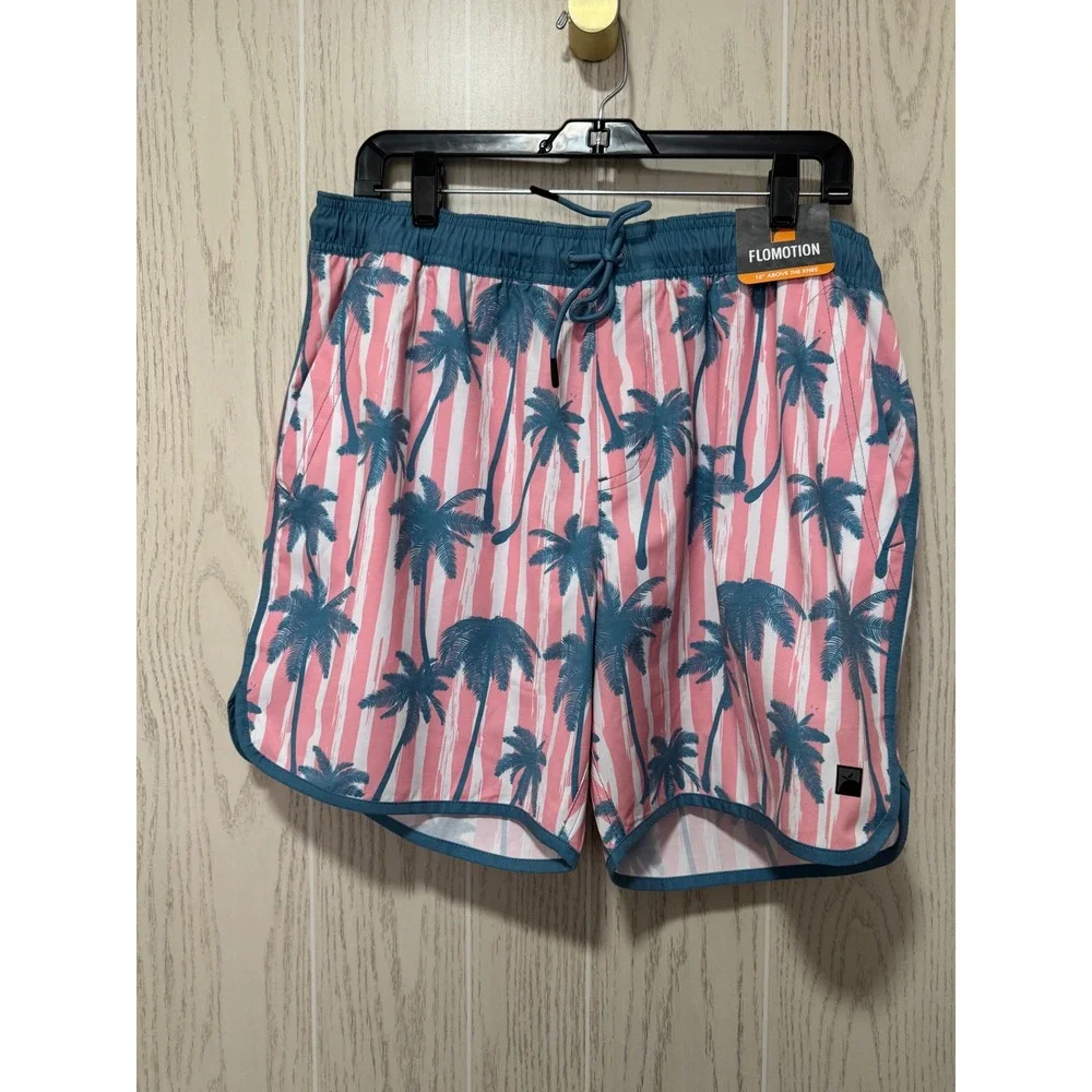 Flomotion Mens Swim Shorts Pink White Stripe Palm Tree Tropical Trunks XL 16